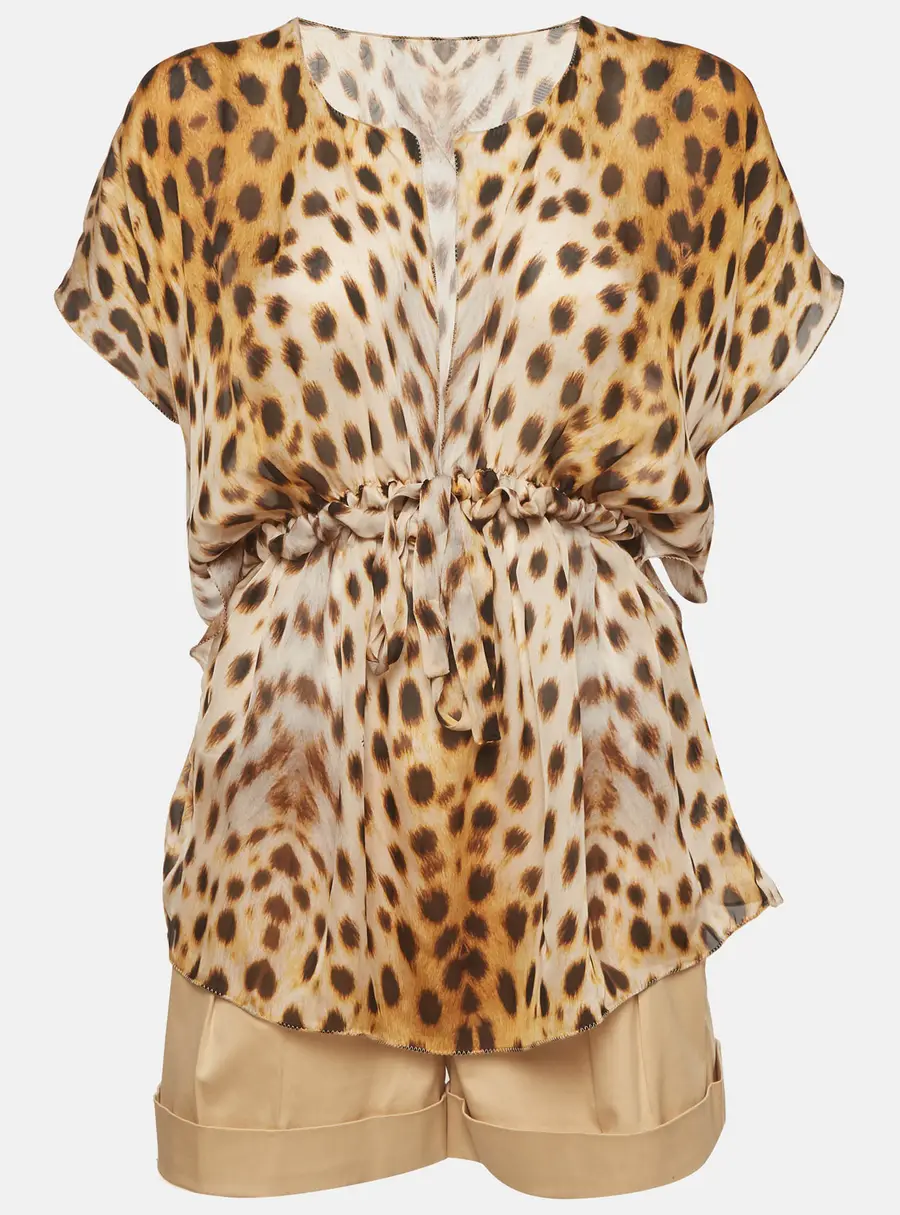 Roberto Cavalli Beige Chiffon and Gabardine Top and Short Set M