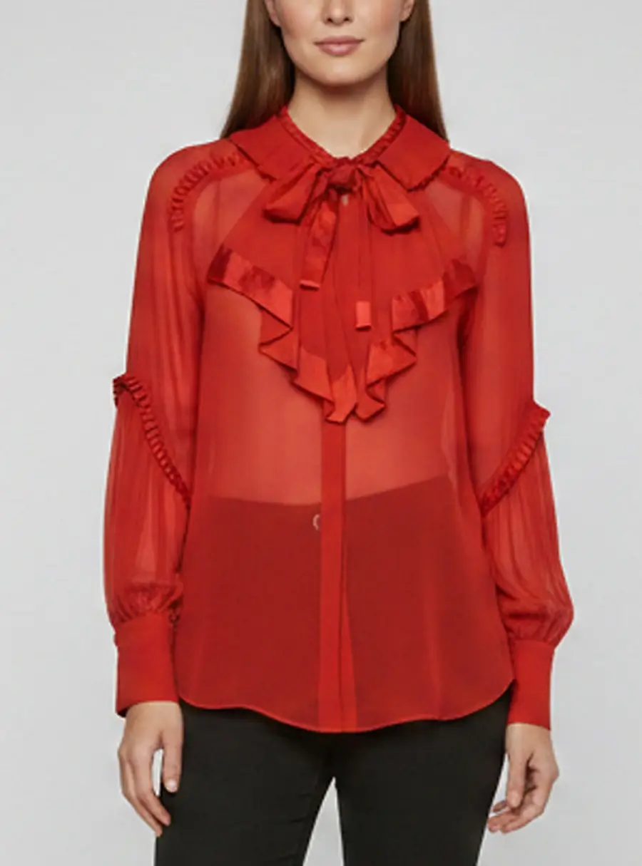 Roberto Cavalli Red Crepe Ruffle Detail Sheer Top M
