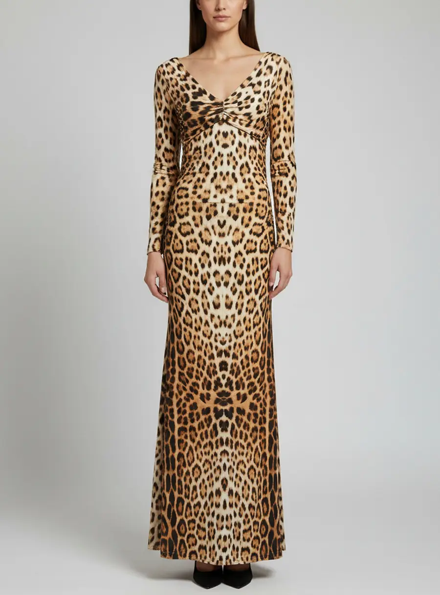 Roberto Cavalli Beige Leopard Print Jersey Ruched Maxi Dress S