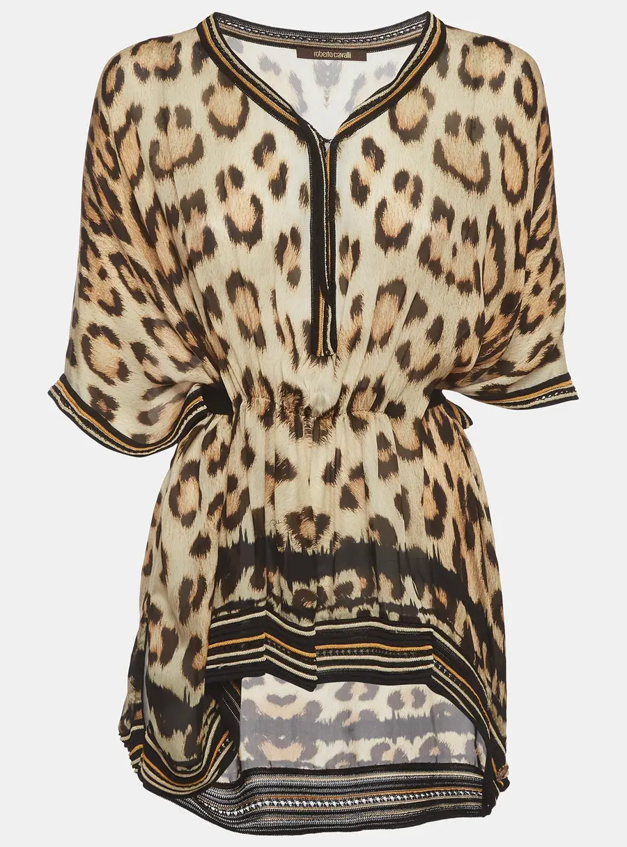 Roberto Cavalli Brown Leopard Print Silk Kaftan Top M