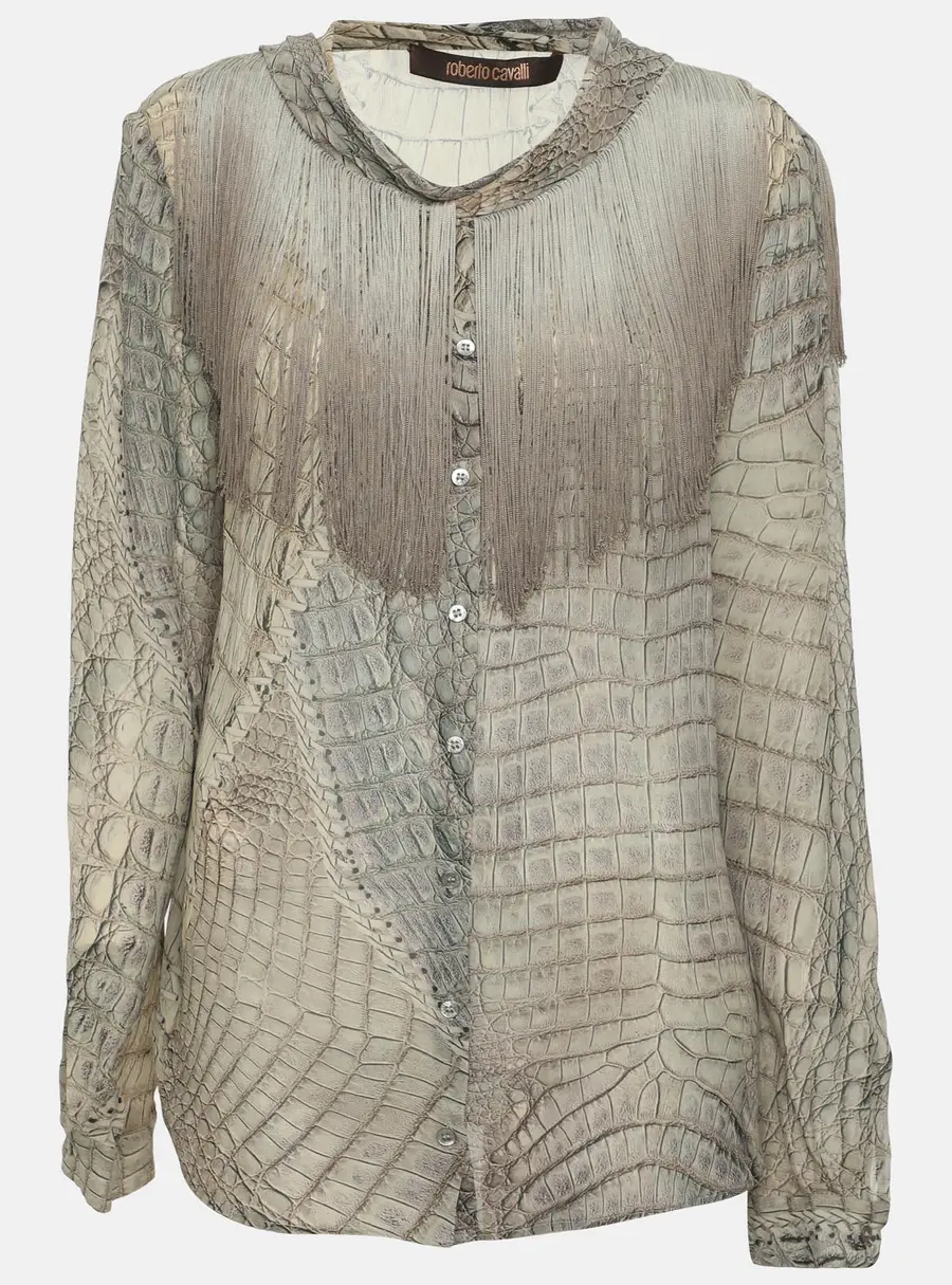 Roberto Cavalli Multicolor Crocodile Print Chiffon Fringes Blouse L