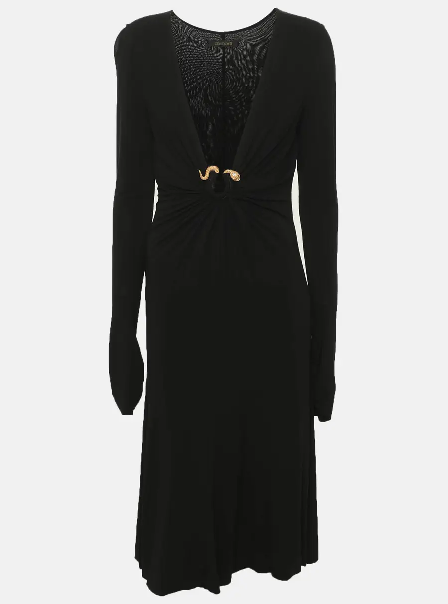 Roberto Cavalli Black Snake Detail V Neck Midi Dress M