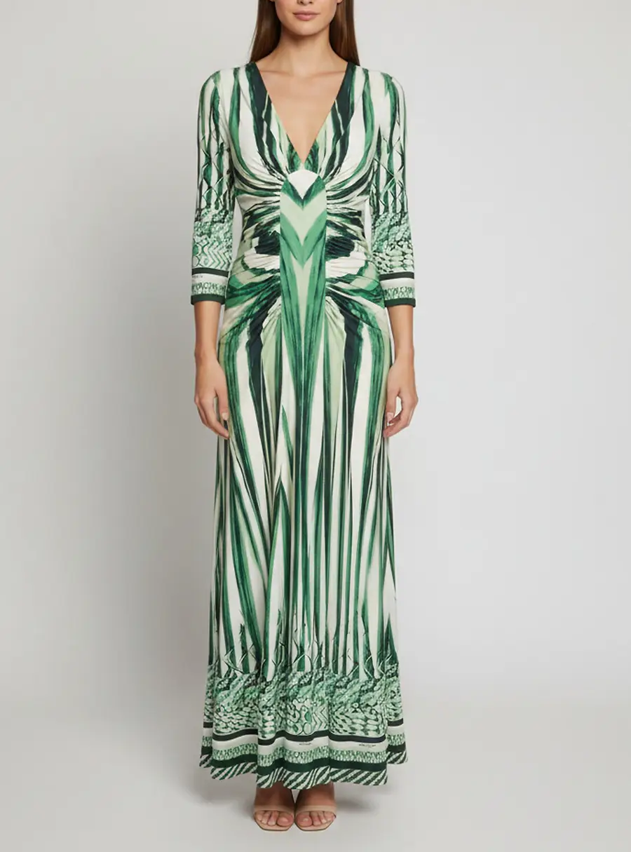 Roberto Cavalli Green/White Printed Jersey Ruched Maxi Dress M