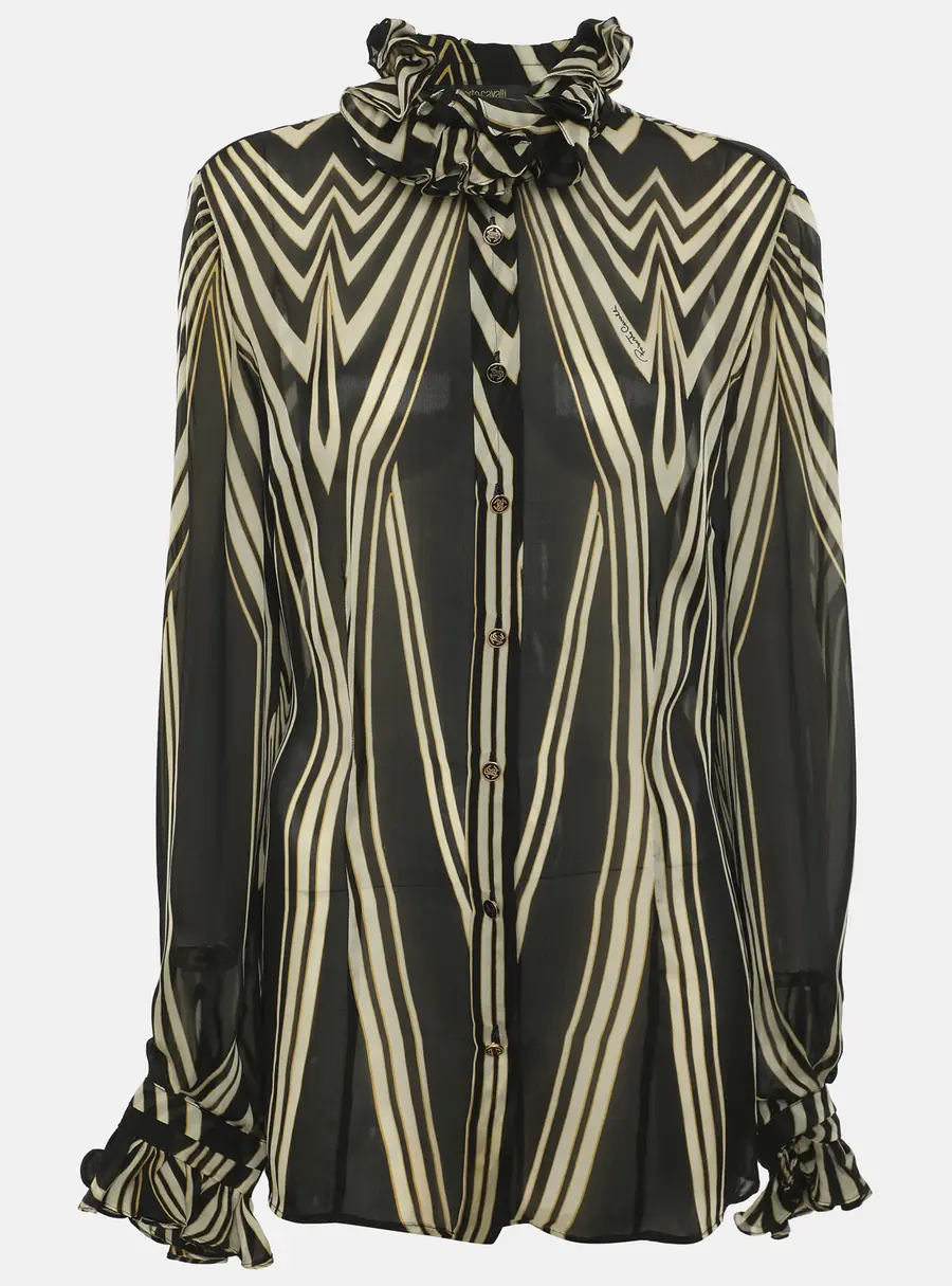 Roberto Cavalli Brown/Beige Zebra Print Chiffon Long Sleeve Ruffled Neck Blouse M