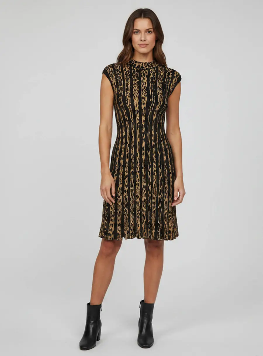 Roberto Cavalli Beige Animal Print Knit Sleeveless Flared Dress M