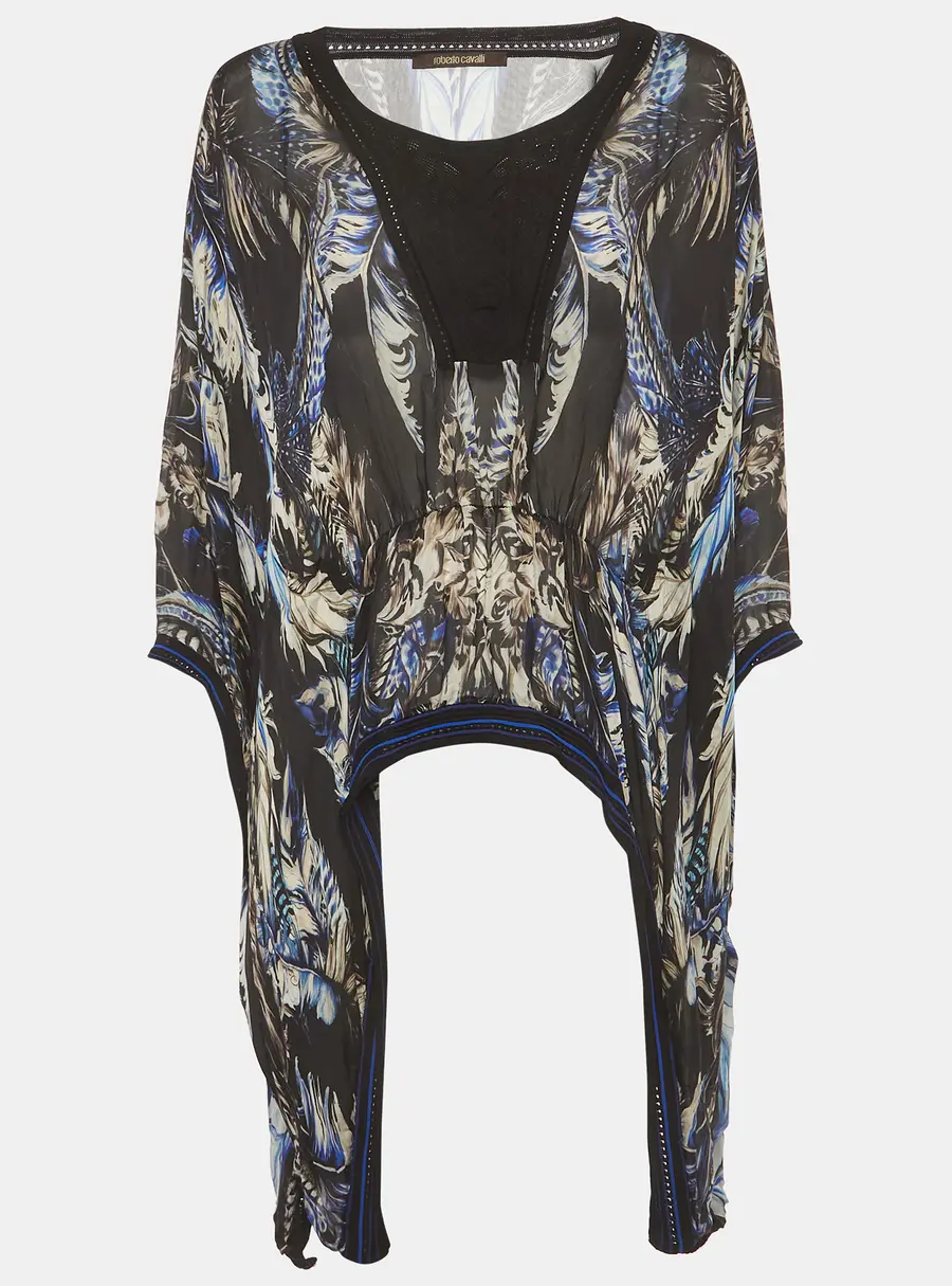 Roberto Cavalli Black Feather Print Silk Kaftan Blouse L