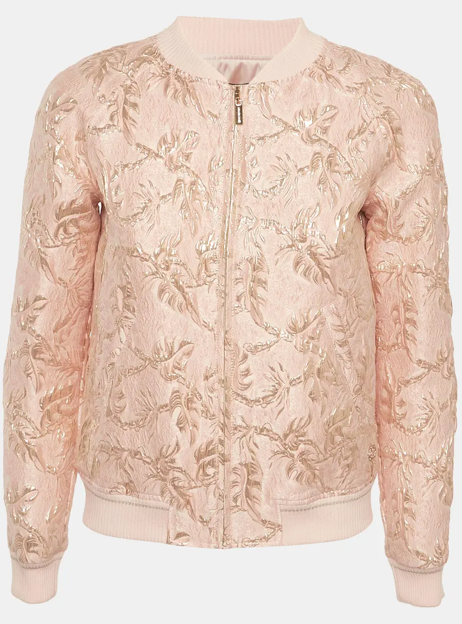 Roberto Cavalli Pink/Gold Jacquard Zip Up Bomber Jacket XS