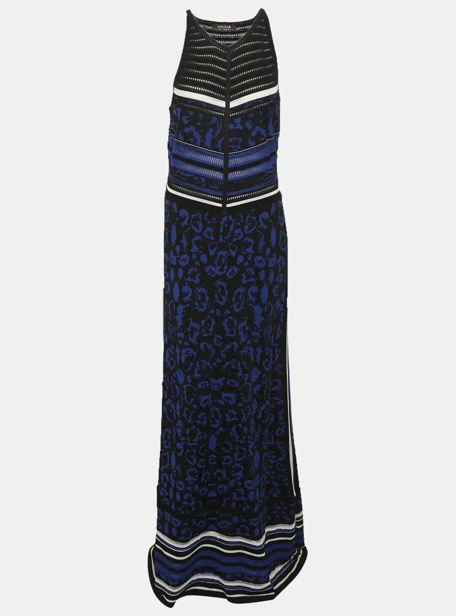Roberto Cavalli Blue/Black Printed Rib Knit Dress L