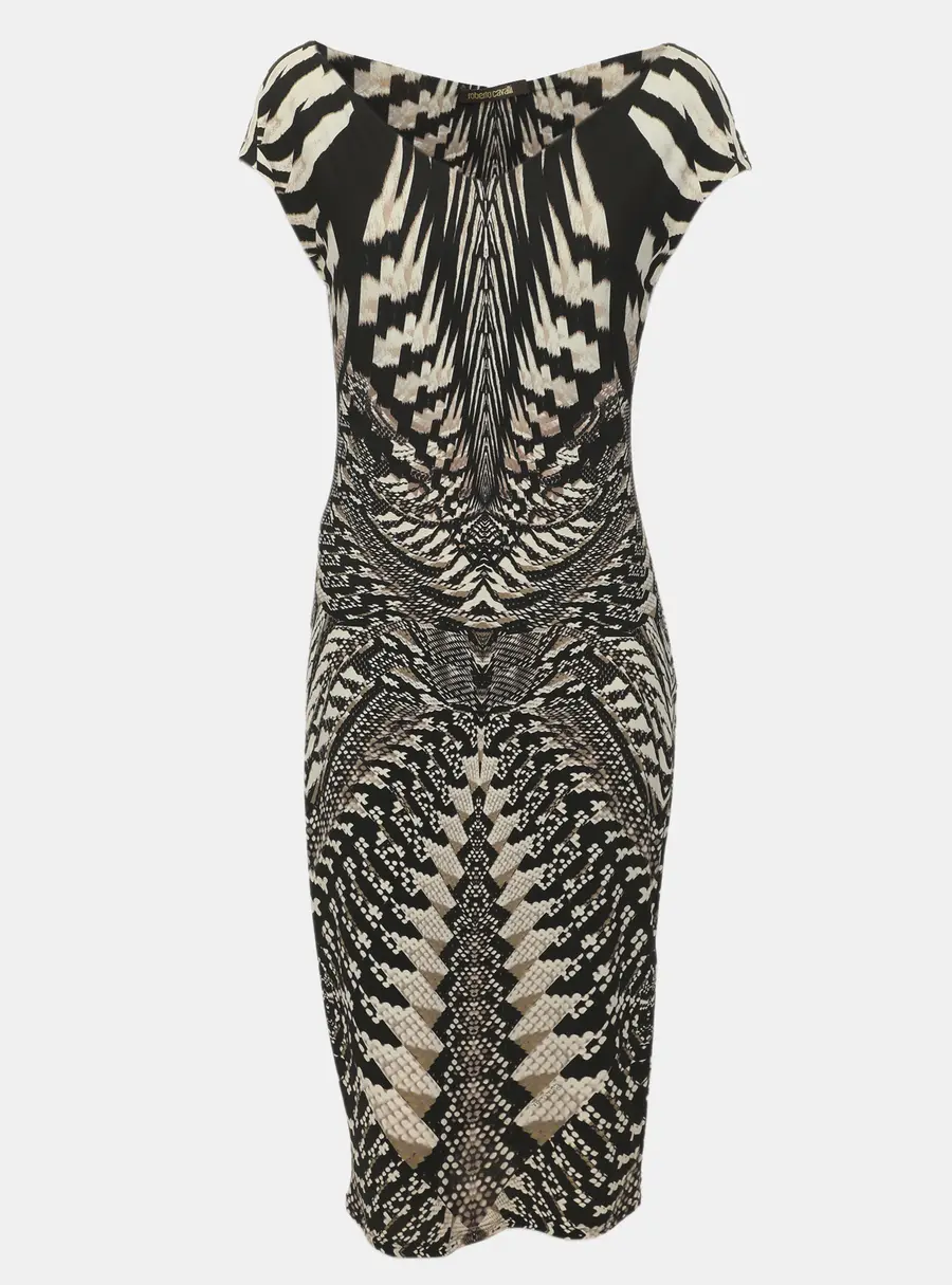 Roberto Cavalli Multicolor Geometric Aztec Snake Print Jersey Sleeveless Sheath Dress S