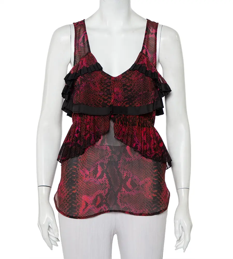 Roberto Cavalli Multicolor Snakeskin Printed Silk Pleated Detail Sleeveless Top S