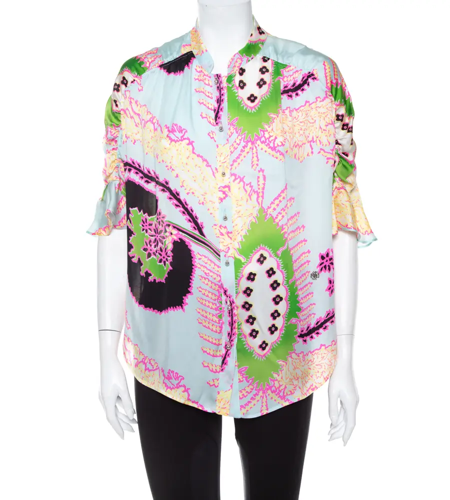 Roberto Cavalli Multicolor Abstract Printed Silk Ruffle Sleeve Blouse L