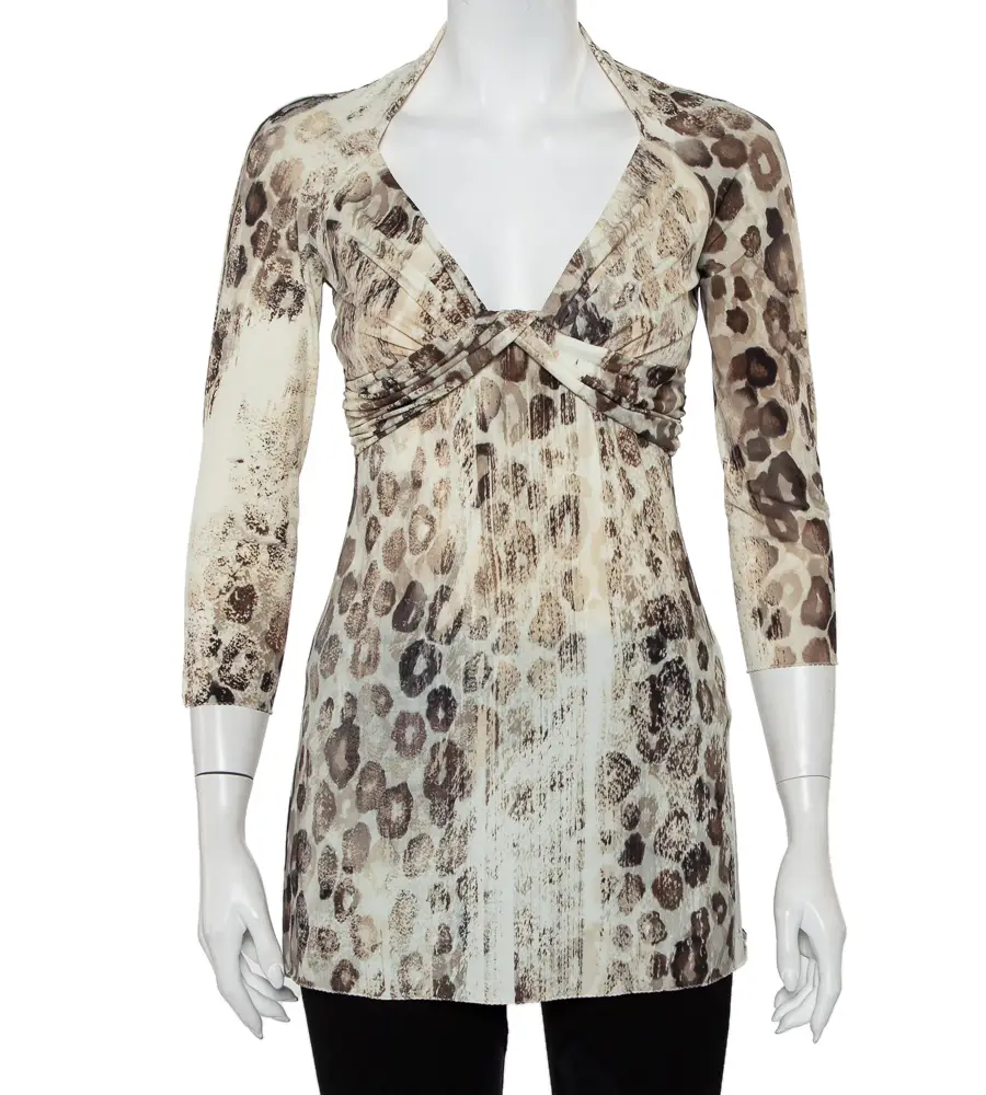 Roberto Cavalli Cream Animal Printed Knit Drape Detail Tunic M