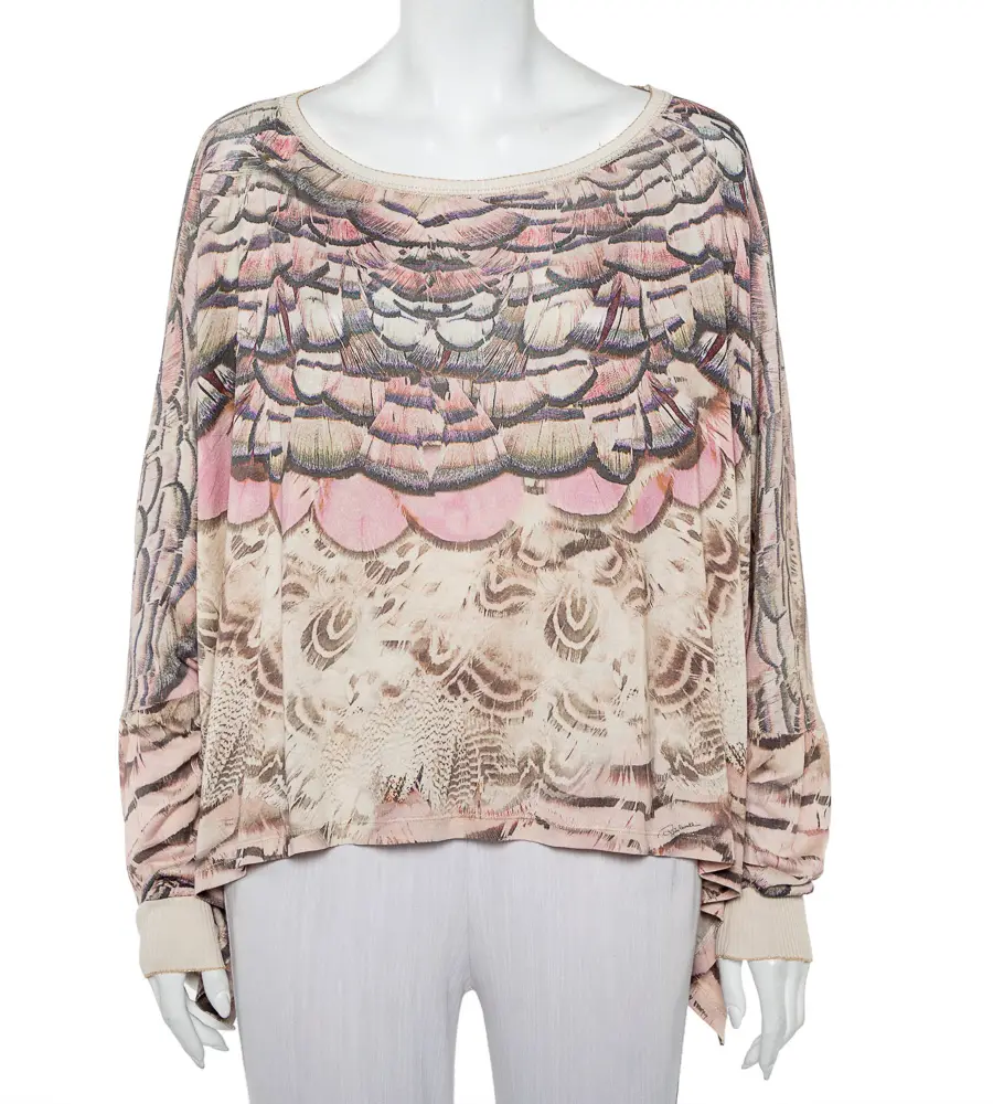 Roberto Cavalli Beige Printed Silk Knit Oversized Sweatshirt M