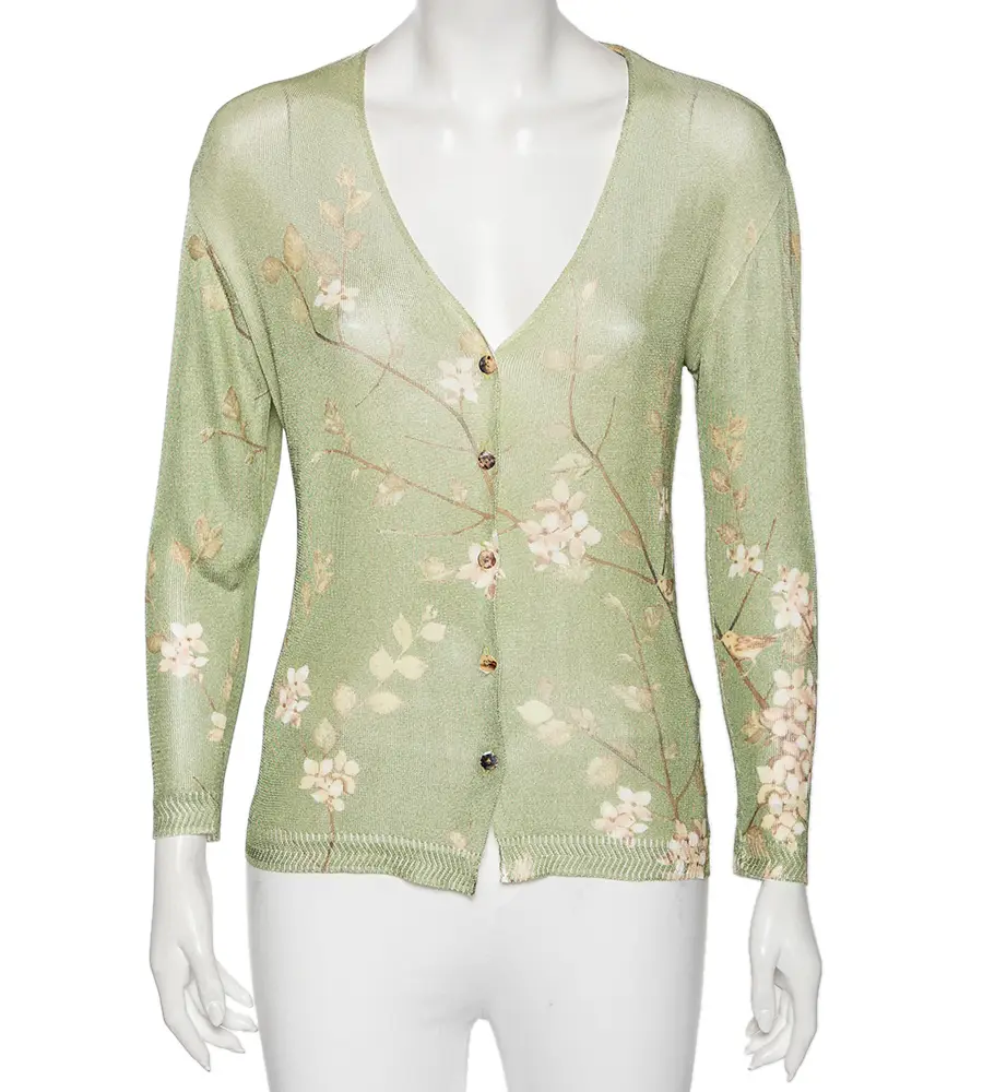 Roberto Cavalli Green Floral Printed Knit Button Front Cardigan L