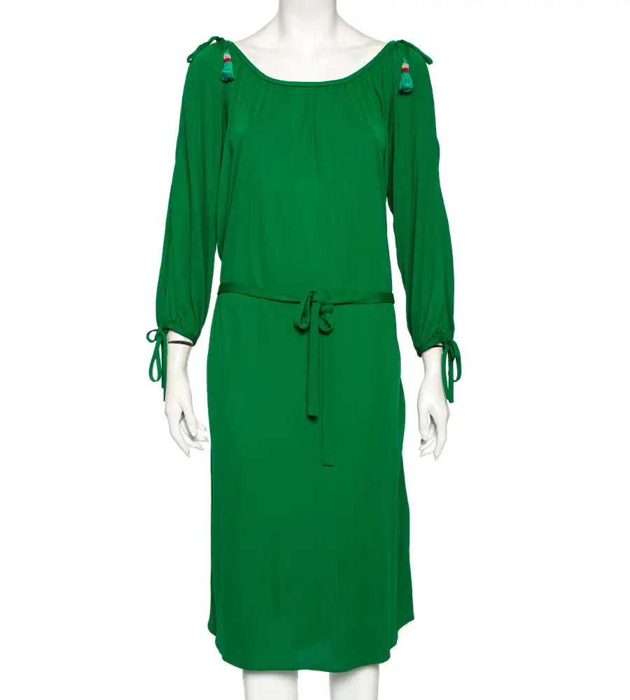 Roberto Cavalli Green Jersey Cold Shoulder Tassel Tie Detailed Belted Dress M