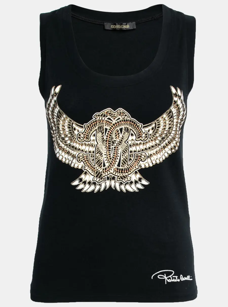 Roberto Cavalli Black Stretch Cotton Printed Tank Top L