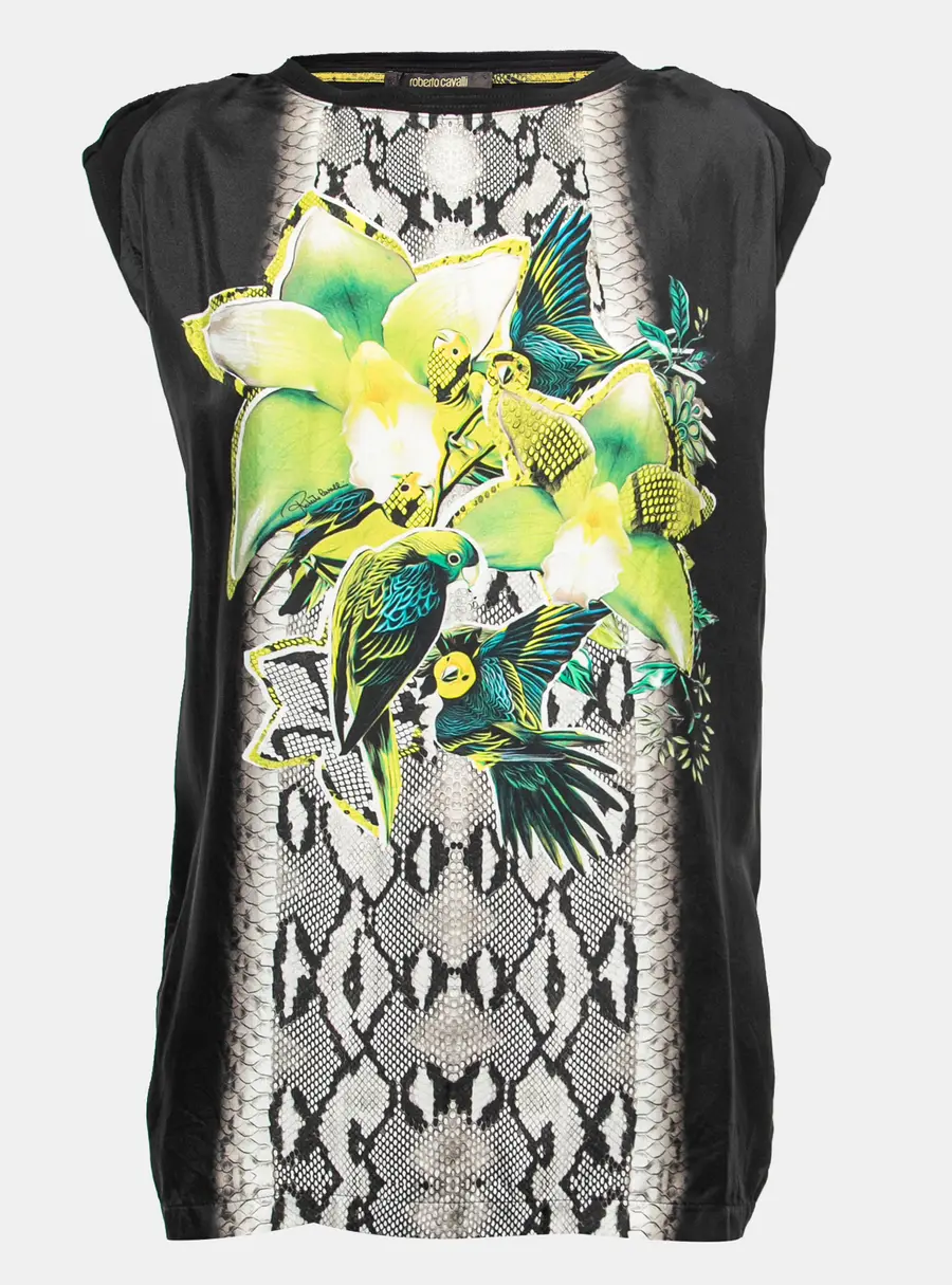 Roberto Cavalli Black Jersey Parrot Printed Top M