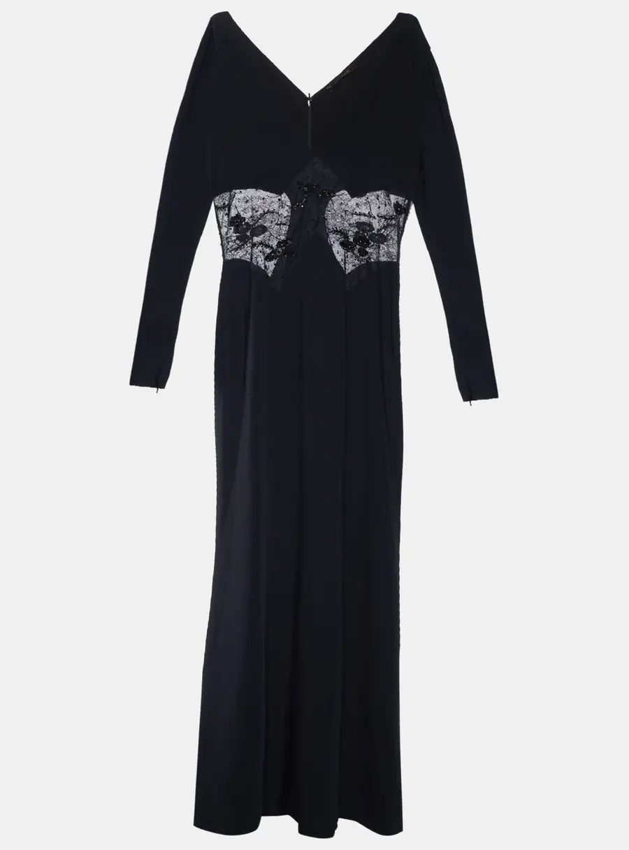 Roberto Cavalli Black Crepe & Embellished Lace Gown L