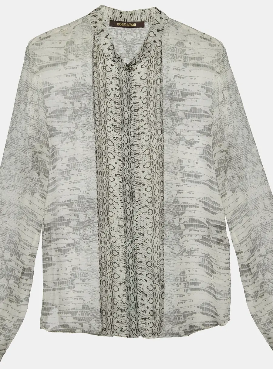 Roberto Cavalli Light Grey Snakeskin Printed Silk Button Front Shirt S