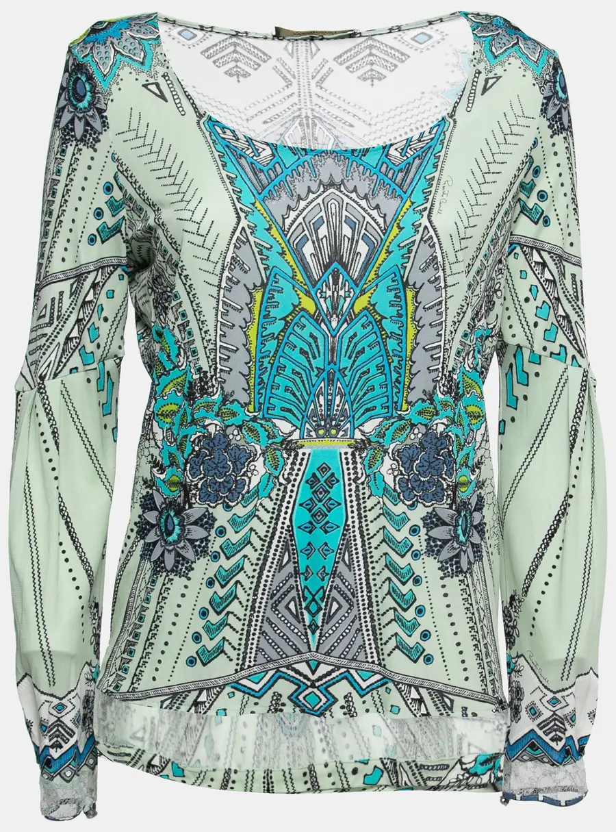 Roberto Cavalli Multicolor Printed Jersey Lace Trimmed Top M