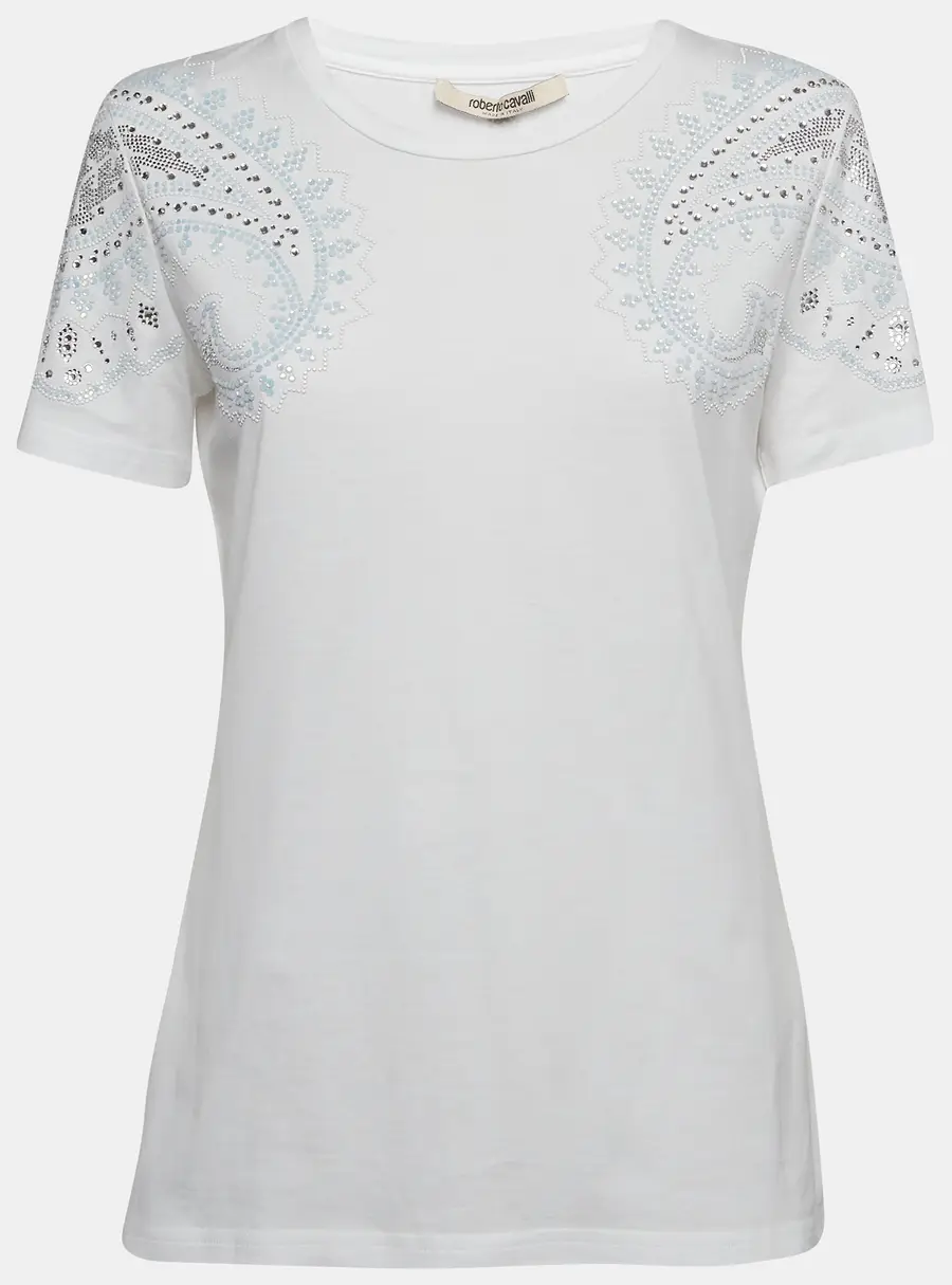 Roberto Cavalli White Crystal Embellished Jersey T-Shirt M