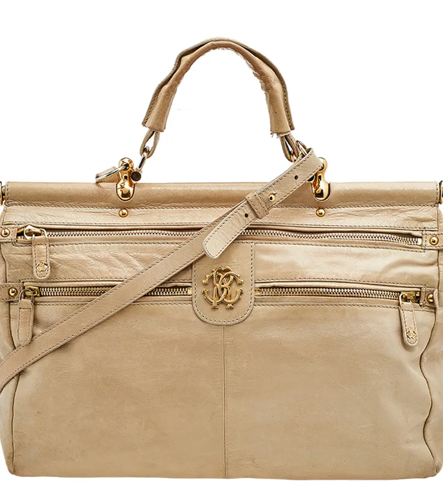 Roberto Cavalli Beige Leather Multiple Pocket Top Handle Bag