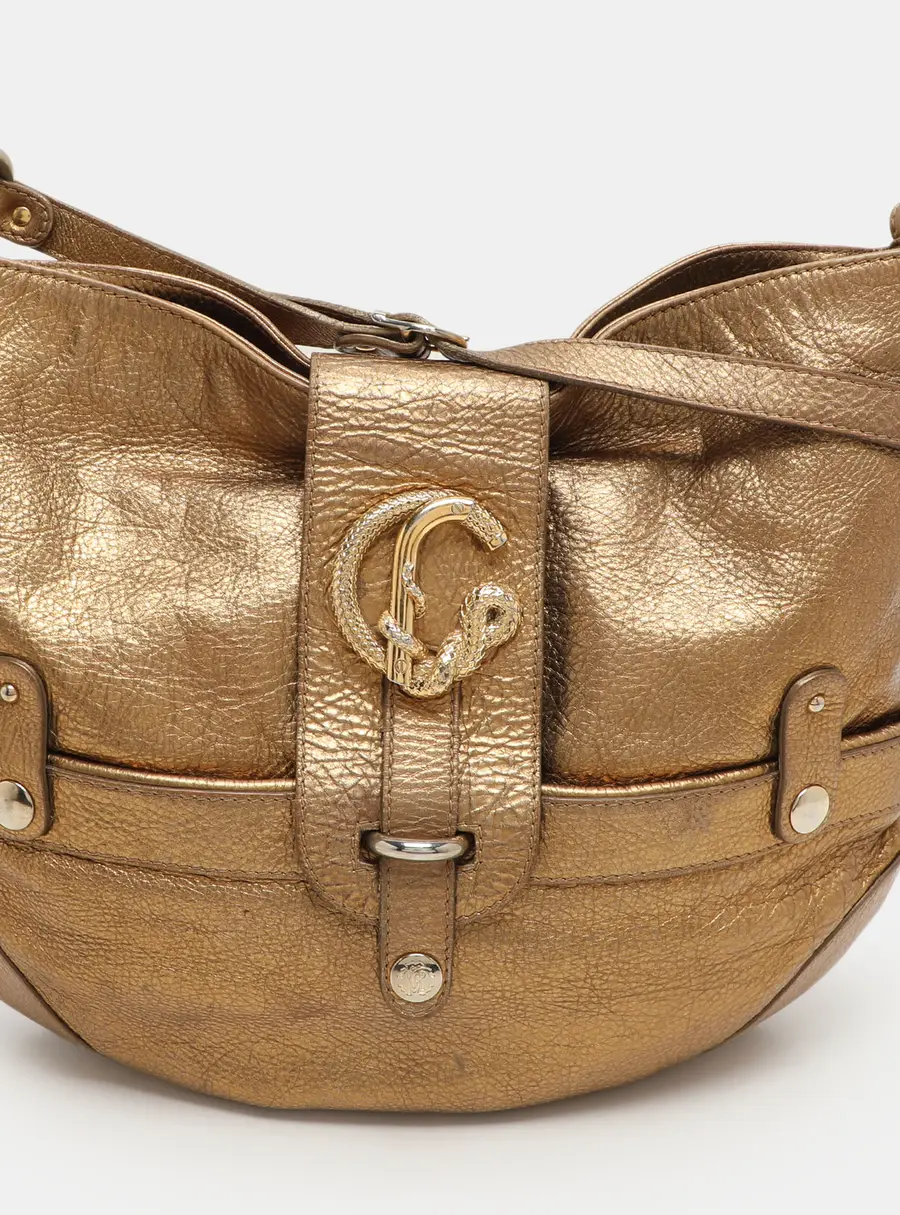 Roberto Cavalli Gold Leather Charm Flap Hobo