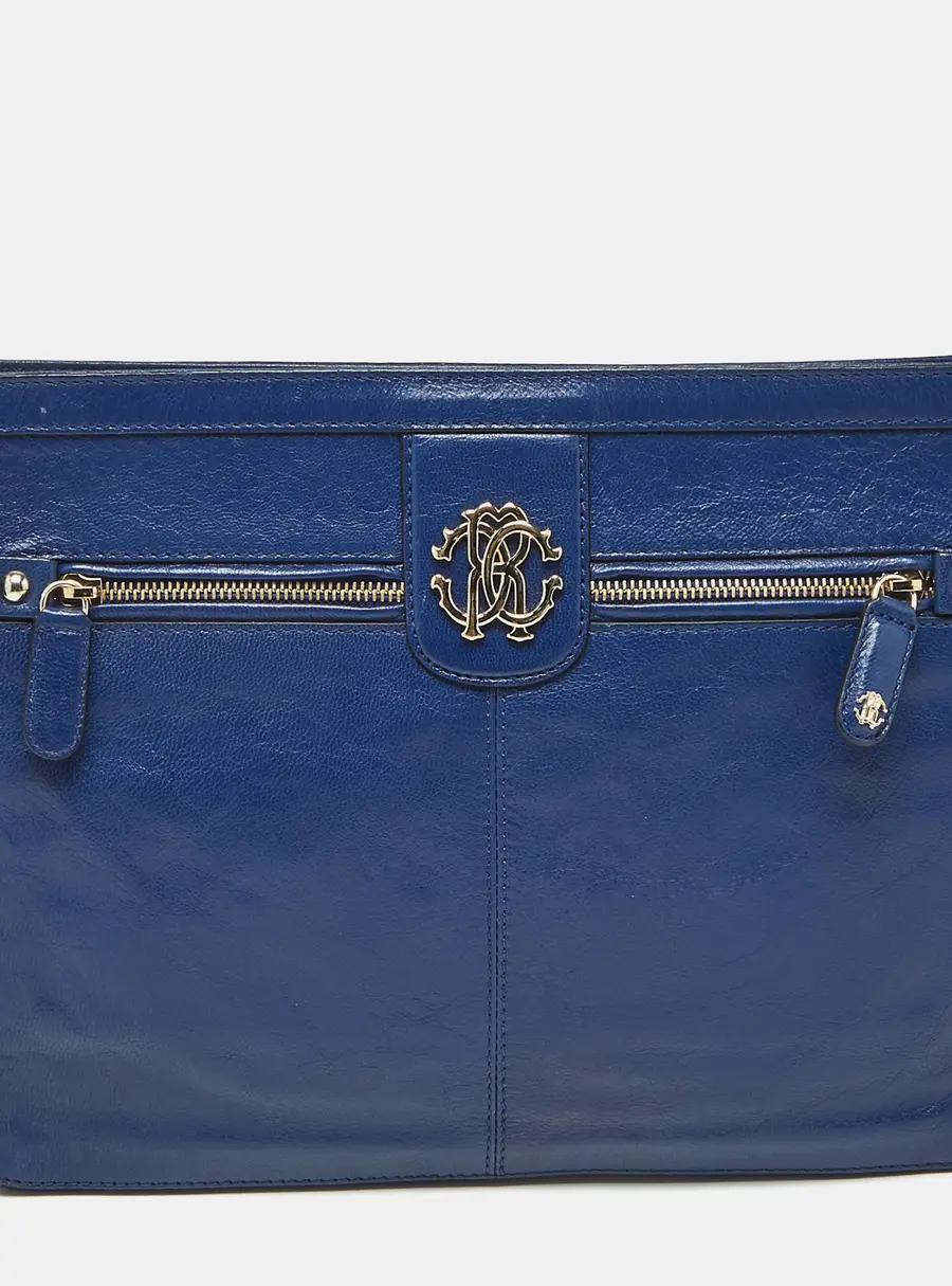 Roberto Cavalli Blue Leather RC Zip Around Clutch
