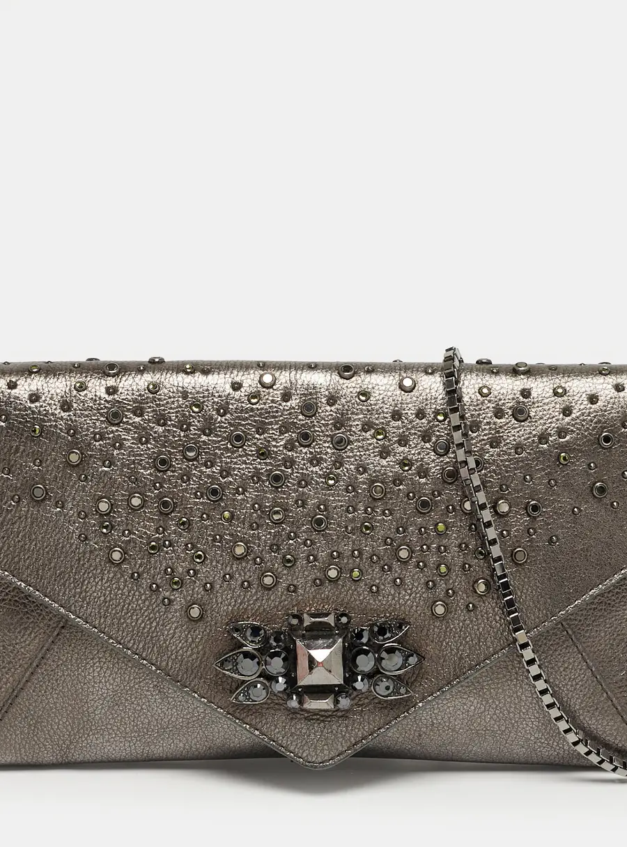 Roberto Cavalli Crystal Embellished Metallic Grey Leather Chain Clutch