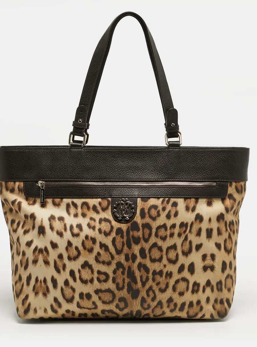 Roberto Cavalli Top Zip Brown Leopard Print Fabric and Leather Tote