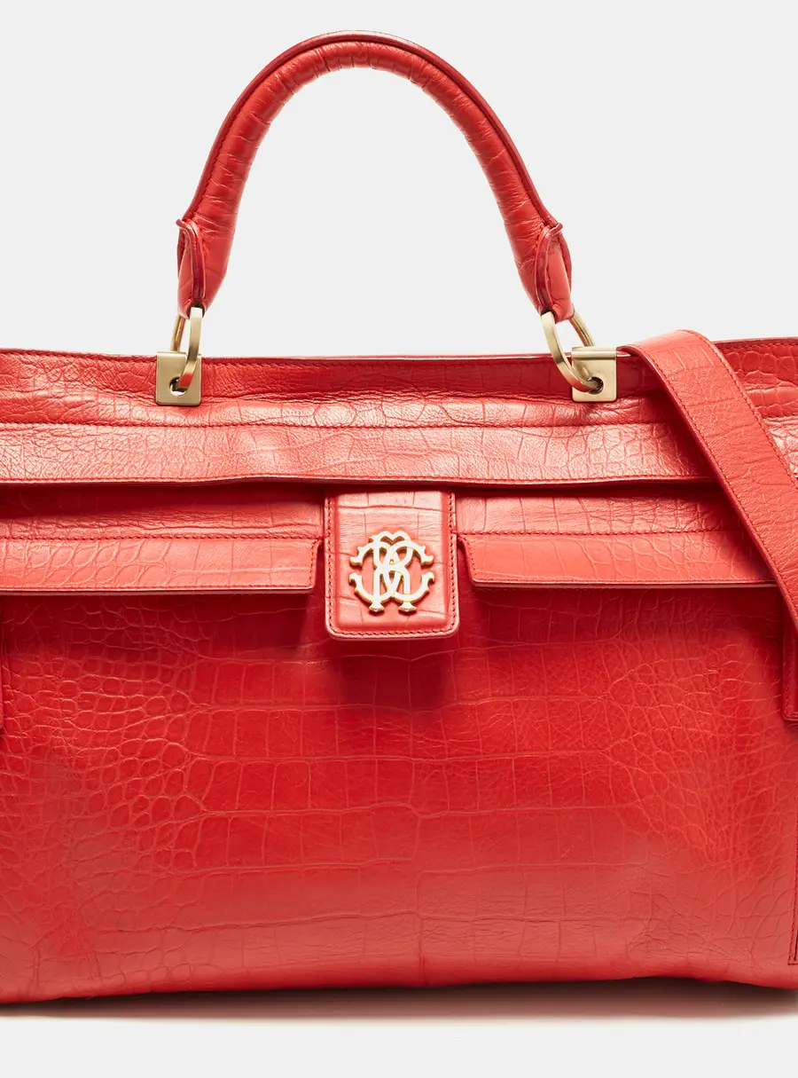 Roberto Cavalli Red Croc Embossed Leather Top Handle Bag