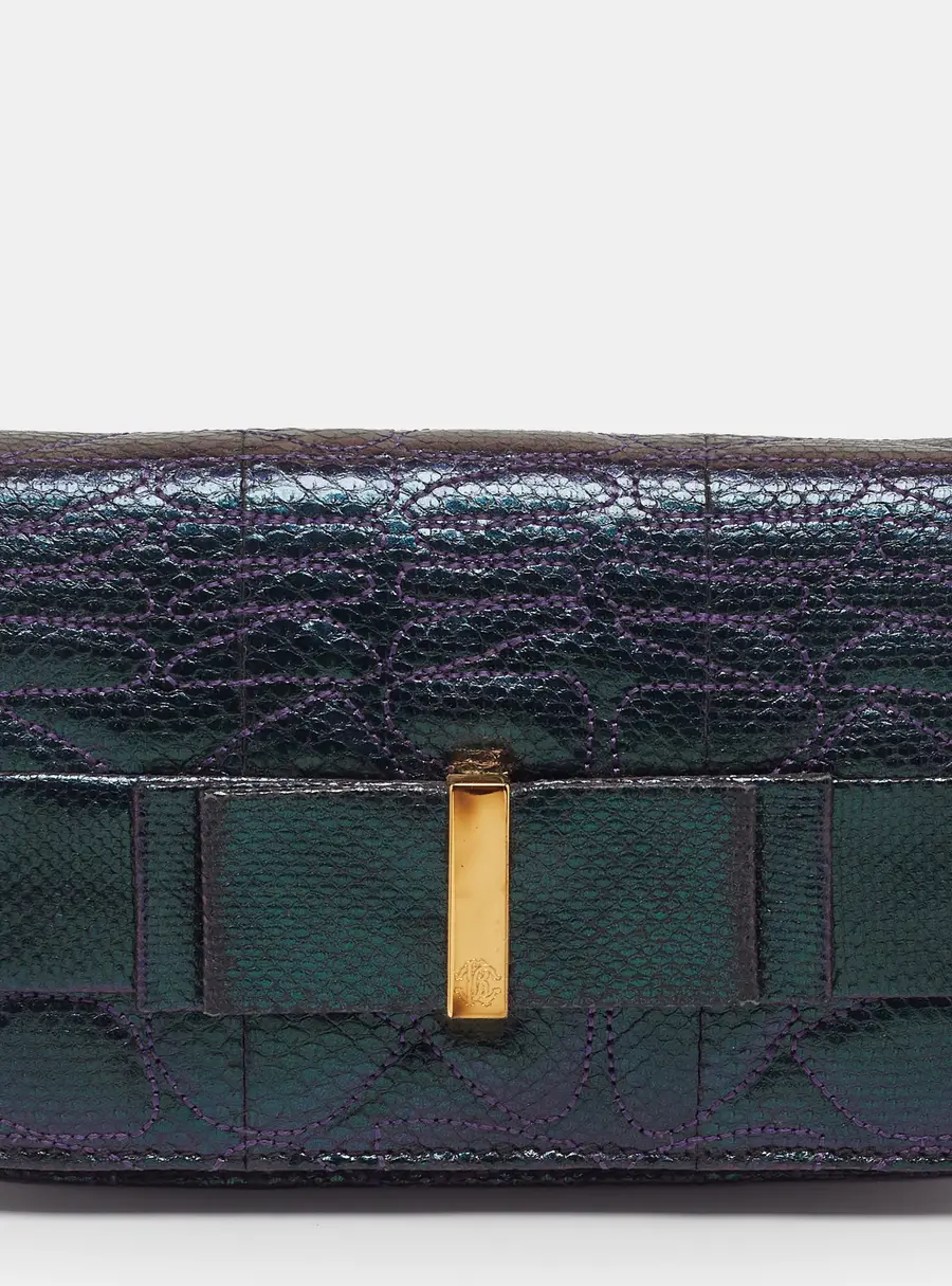 Roberto Cavalli Bow Flap Iridescent Purple Karung Leather Clutch