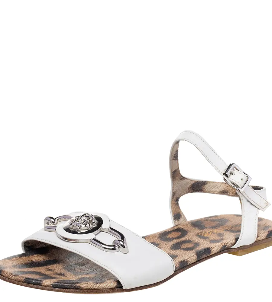 Roberto Cavalli White Leather Embellished Flat Sandals Size 37