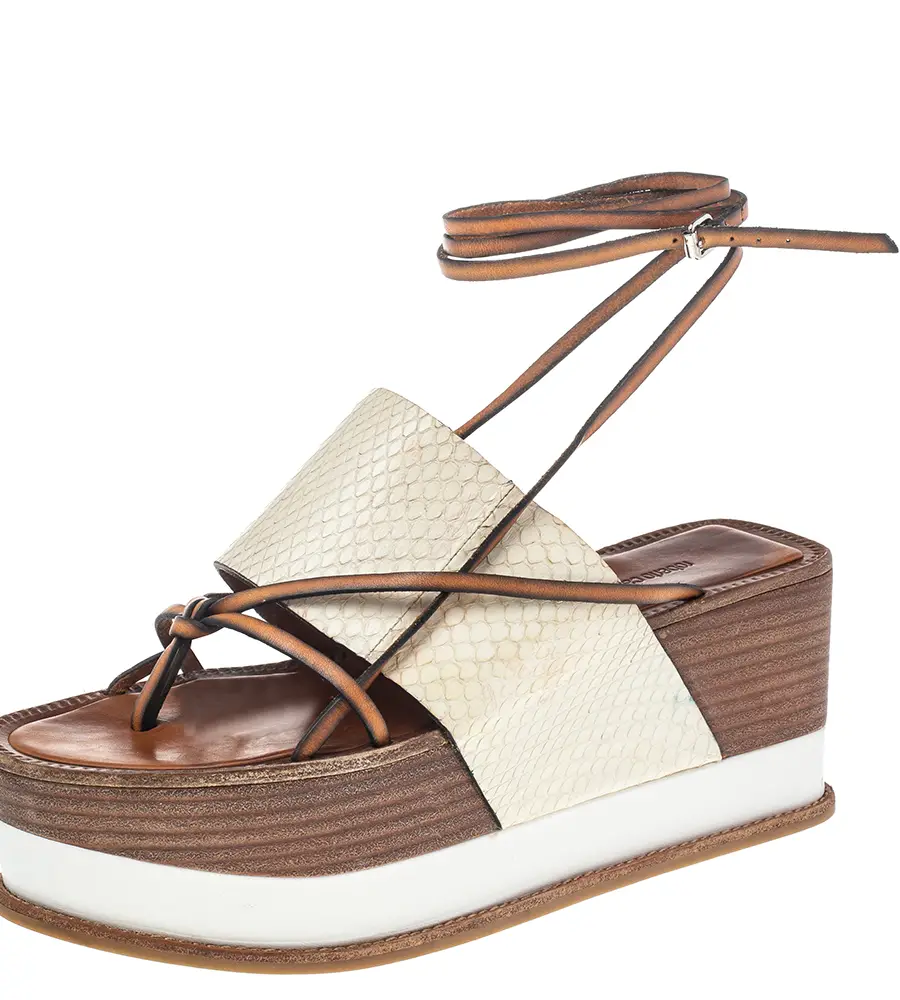 Roberto Cavalli Cream Python Wedge Platform Ankle Wrap Sandals Size 38.5