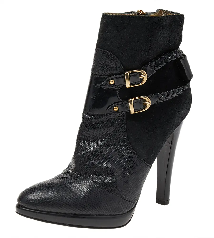 Roberto Cavalli Size 37 Black Patent Leather, Snakeskin Leather and Suede Ankle Length Boots