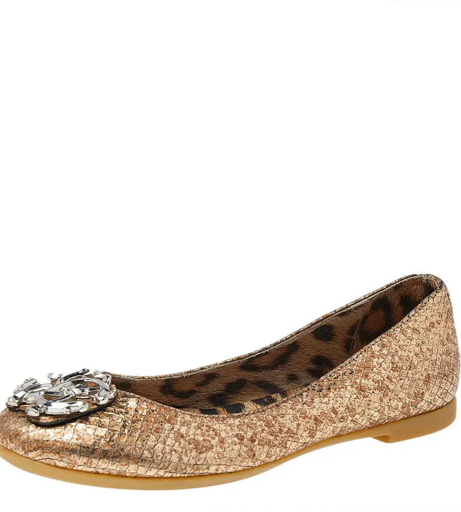 Roberto Cavalli Metallic Gold Python Embossed Leather Logo Embellished Ballet Flats Size 36