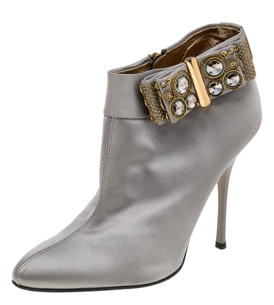 Roberto Cavalli Grey Satin Bow Embellished Ankle Length Boots Size 38