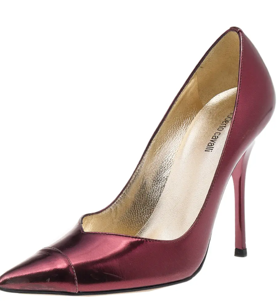 Roberto Cavalli Metallic Burgundy Leather Pointed Toe Pumps Size 37