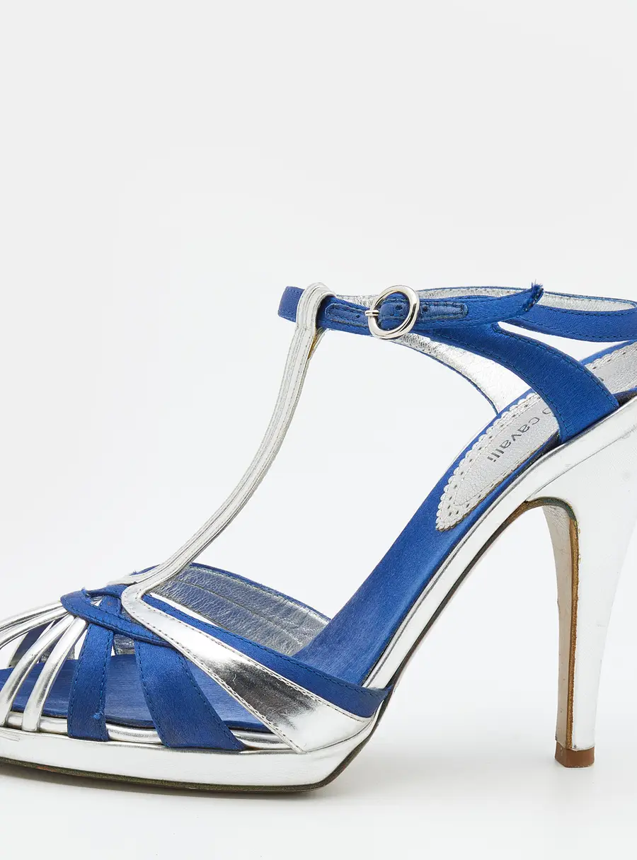 Roberto Cavalli Silver/Blue Leather And Satin T-Strap Sandals Size 36