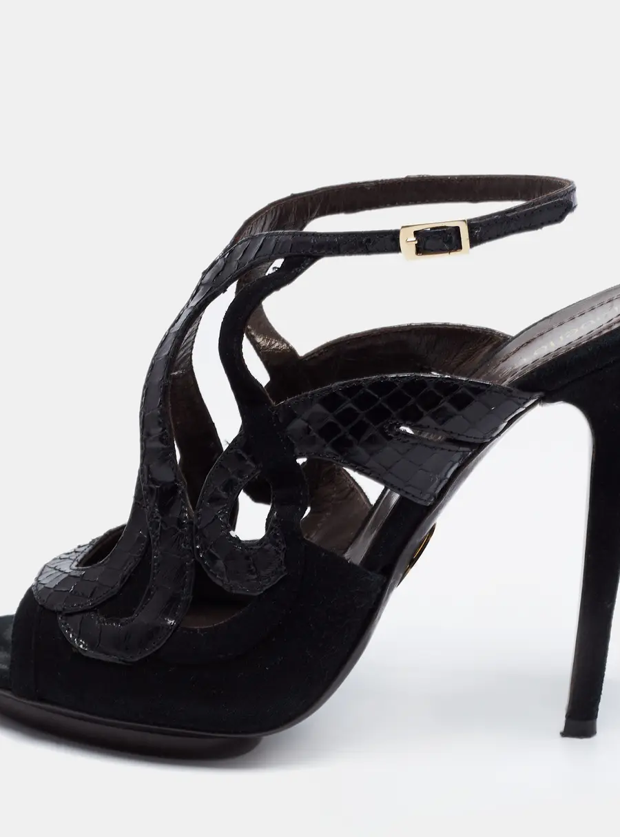 Roberto Cavalli Black Snakeskin Embossed Leather and Suede Ankle Strap Sandals Size 39.5