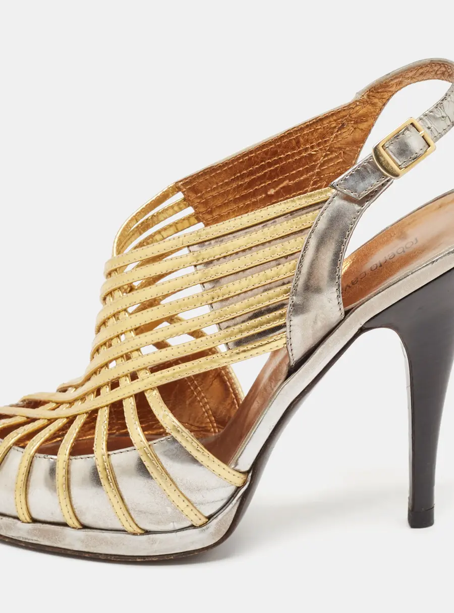 Roberto Cavalli Silver/Gold Leather Strappy Slingback Sandals Size 37.5