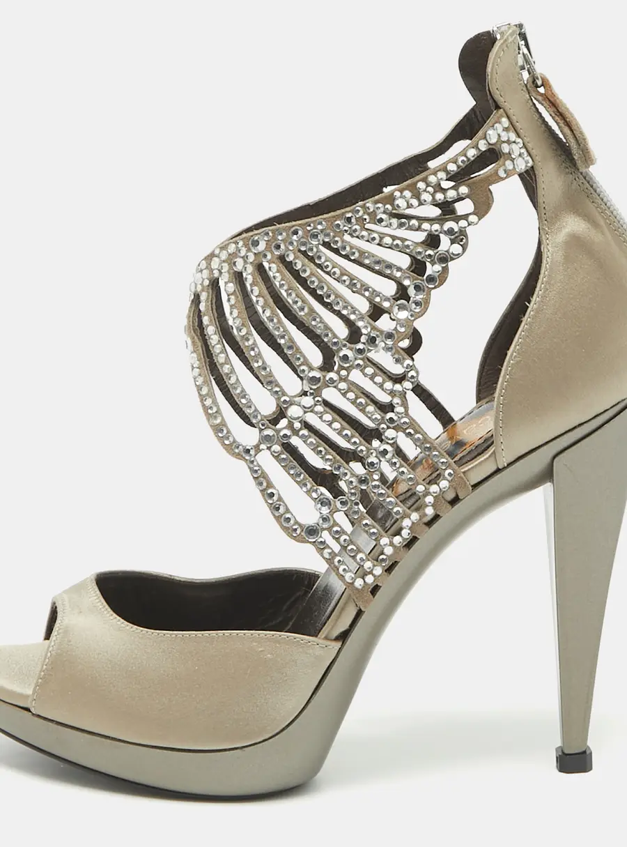 Roberto Cavalli Crystal Embellished Size 36 Grey Satin Platform Sandals