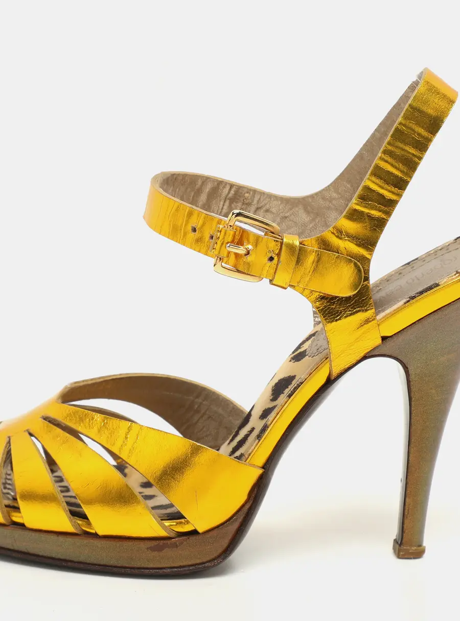 Roberto Cavalli Gold Leather Open Toe Ankle Strap Sandals Size 35.5