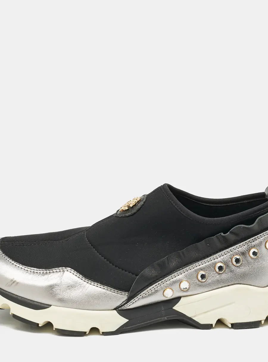 Roberto Cavalli Black/Silver Nylon and Leather Crystal Embellished Slip On Sneakers Size 38