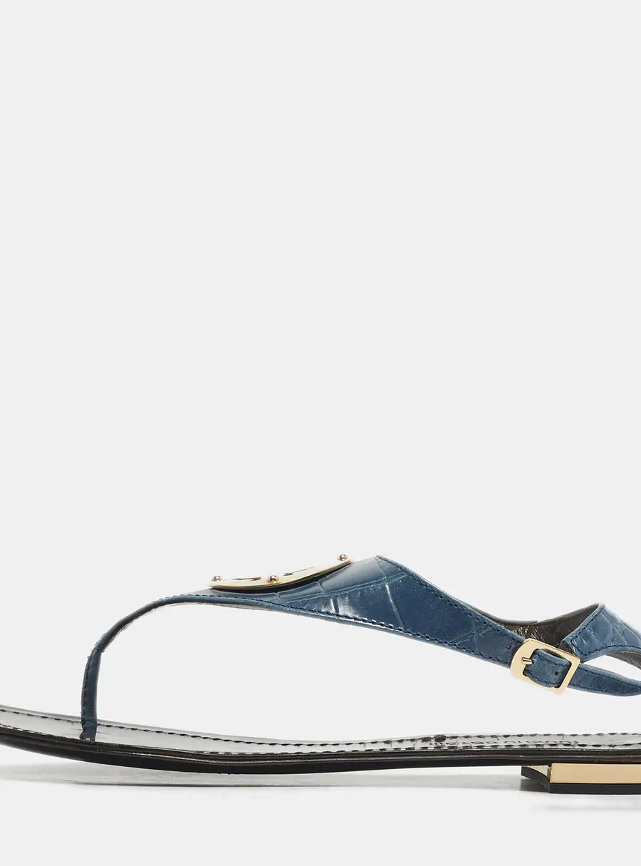 Roberto Cavalli Blue Croc Embossed Leather Thong Ankle Strap Flat Sandals Size 39