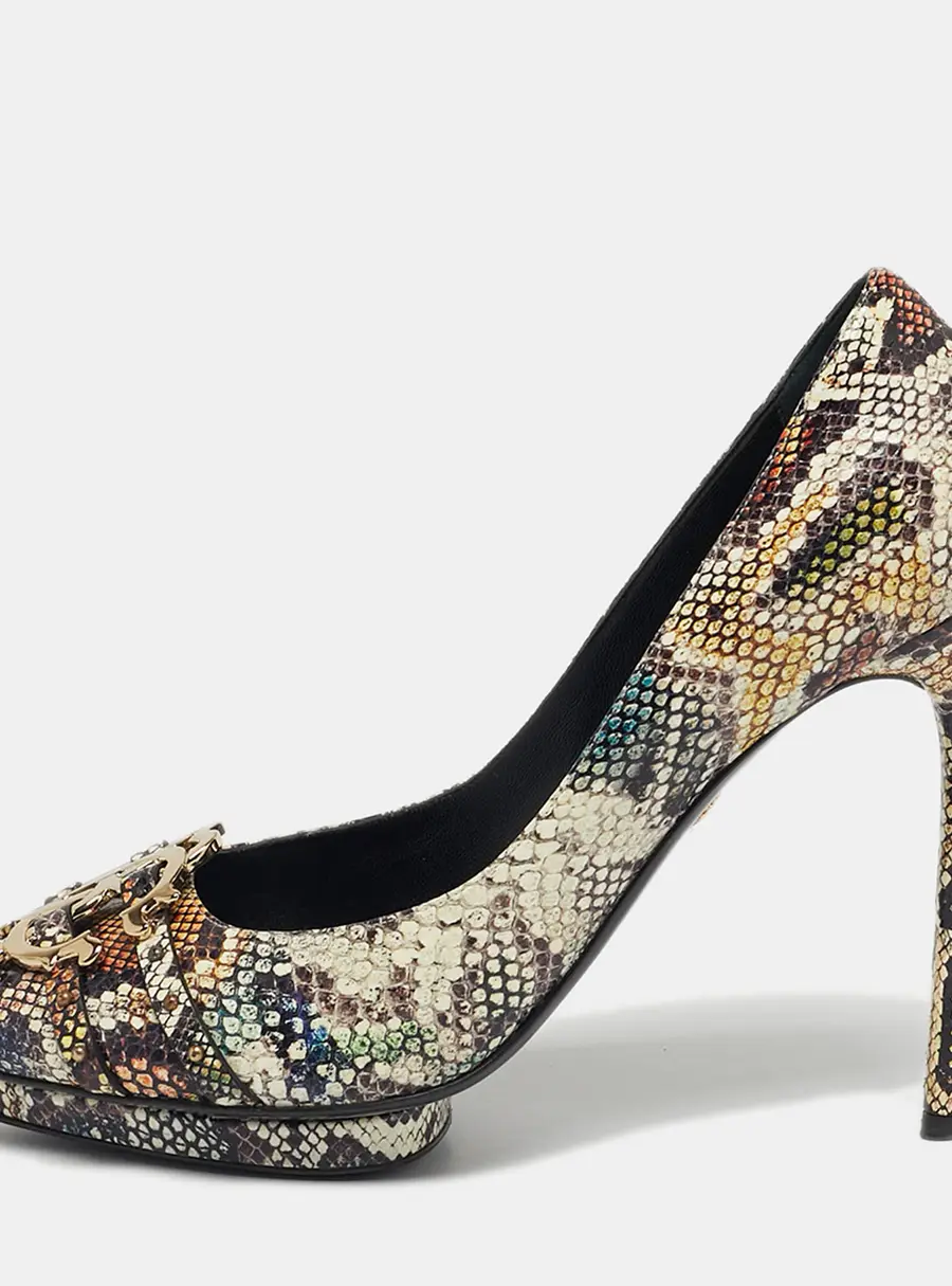 Roberto Cavalli Size 41 Multicolor Python Embossed Leather Pointed Toe Platform Pumps