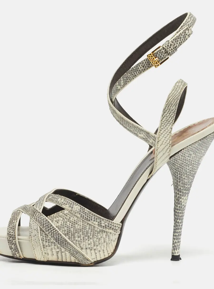 Roberto Cavalli Size 39 Grey Lizard Embossed Leather Ankle Strap Sandals