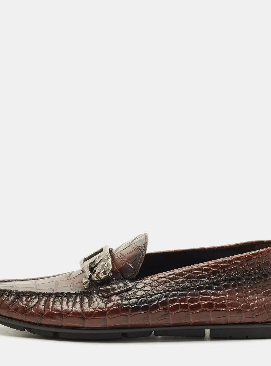 Roberto Cavalli Size 42 Brown Croc Embossed Leather Slip On Loafers