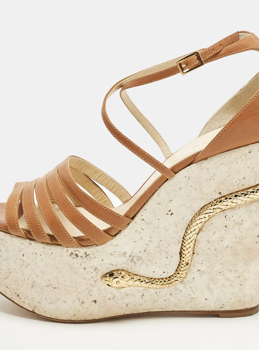 Roberto Cavalli Size 40 Brown Leather Wedge Sandals