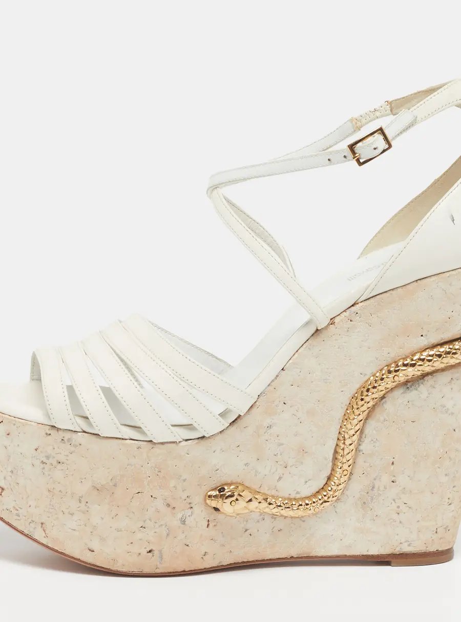 Roberto Cavalli Size 40 White Leather Snake Detail Cork Platform Wedge Sandals
